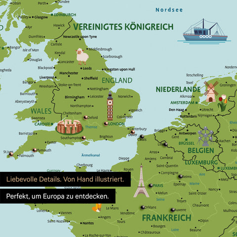 Section of a children's Europe map as a Push Pin Map in Classic color shows France and England with illustrations of Stonehenge, the Eiffel Tower, and Big Ben