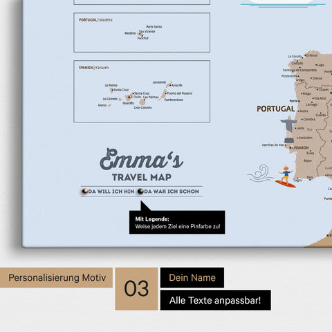 Detaillierte Kinder-Europakarte als Pinn-Leinwand in Farbe Brown mit Personalisierung als Logo ein Kind
