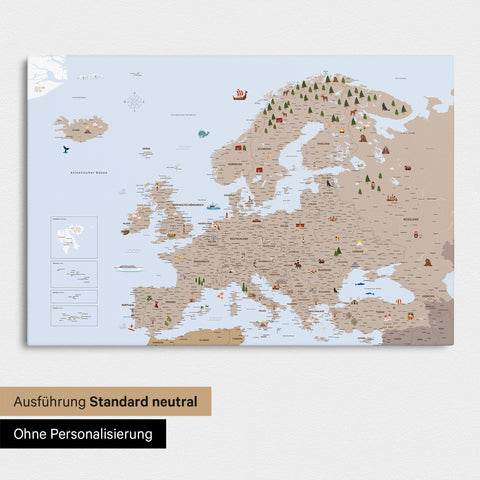 Neutrale en eenvoudige versie van een kinder-Europakaart als Canvas Prikbord in de kleur Bruin