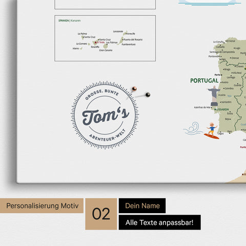 Gepersonaliseerde kinderkaart van Europa als canvas in de kleur wit met de ingedrukte naam van een kind
