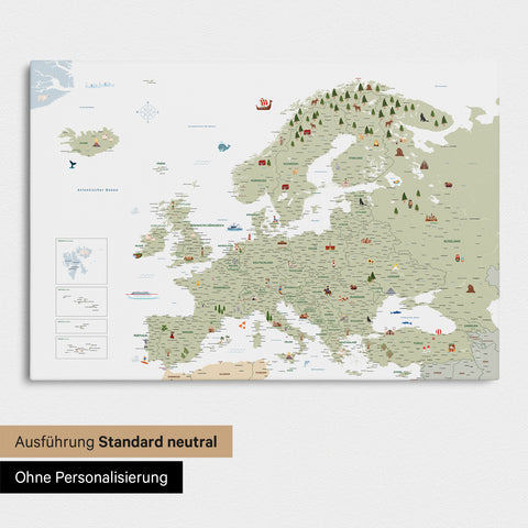 Neutrale en eenvoudige versie van een kinderkaart van Europa als Canvas Prikbord in de kleur Wit