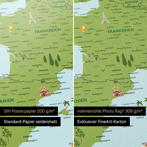 Europa-kaart voor kinderen in kleur Classic als poster op het papier Sihl Posterpapier of Hahnemühle Photo Rag