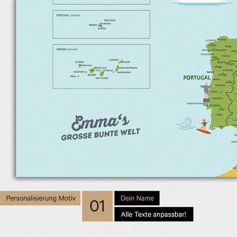 Kinderkaart van Europa met hoge detaillering als poster in kleur Classic met personalisatie en afdruk met jouw naam