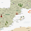 Uitsnede van een kinderkaart van Europa als poster in de kleur Wit toont Spanje met illustraties