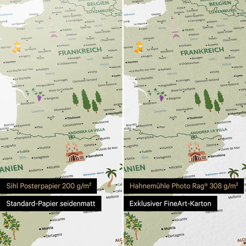 Europa-kaart voor kinderen in kleur Wit als poster op het papier Sihl Posterpapier of Hahnemühle Photo Rag