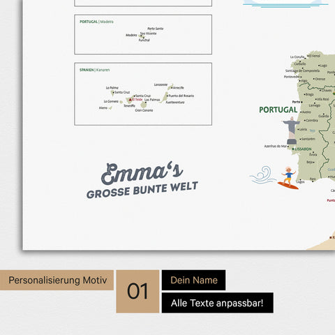 Kinder-Europakarte mit hohem Detailgrad als Poster in Farbe White mit Personalisierung und Eindruck mit deinem Namen