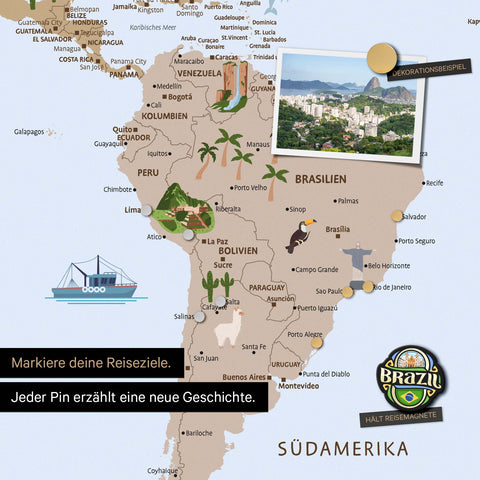 Ausschnitt einer Kinder-Weltkarte als Magnetboard in Multicolor Braun zeigt Pins von Reisezielen in Amerika mit Illustrationen von Indianern und Tieren
