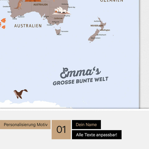 Magnetische Kinder-Weltkarte mit hohem Detailgrad als Magnetboard in Multicolor Braun mit Personalisierung und Eindruck mit deinem Namen