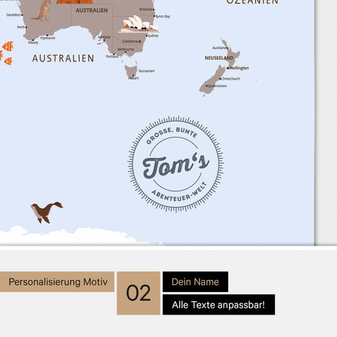 Personalisierte Kinder-Weltkarte als Leinwand in Multicolor Braun mit eingedruckten Namen eines Kindes