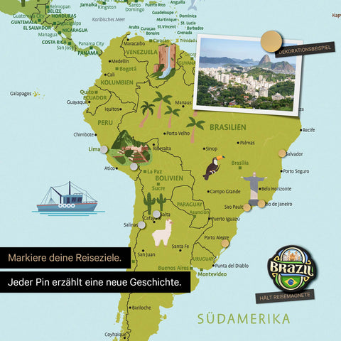 Ausschnitt einer Kinder-Weltkarte als Magnetboard in Multicolor Classic zeigt Pins von Reisezielen in Amerika mit Illustrationen von Indianern und Tieren