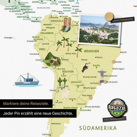 Ausschnitt einer Kinder-Weltkarte als Magnetboard in Multicolor Weiss zeigt Pins von Reisezielen in Amerika mit Illustrationen von Indianern und Tieren