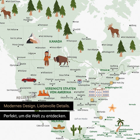 Ausschnitt einer magnetischen Kinder-Weltkarte als Magnetboard in Multicolor Weiss zeigt Südamerika mit Illustrationen von Machu Picchu, Wasserfällen und Vögeln