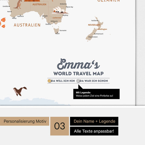 Detaillierte Kinder-Weltkarte als Magnetboard in Multicolor Weiss mit Personalisierung als Logo ein Kind