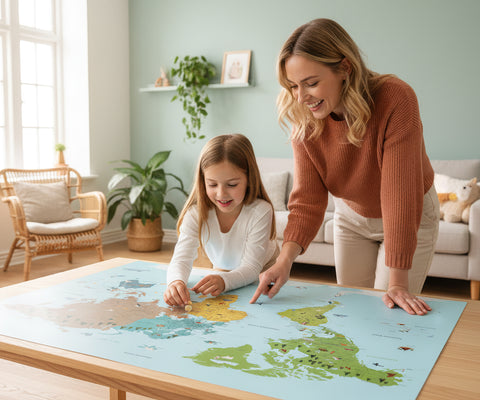 Mutter und Kind stehen vor eine Kinder-Weltkarte von Breuer's und entdecken die Welt anhand der vielen Illustrationen und bunten Farben