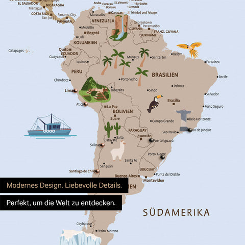 Ausschnitt einer Kinder-Weltkarte als Pinn-Leinwand in Multicolor Brown zeigt Südamerika mit Illustrationen von Machu Picchu, Wasserfällen und Vögeln