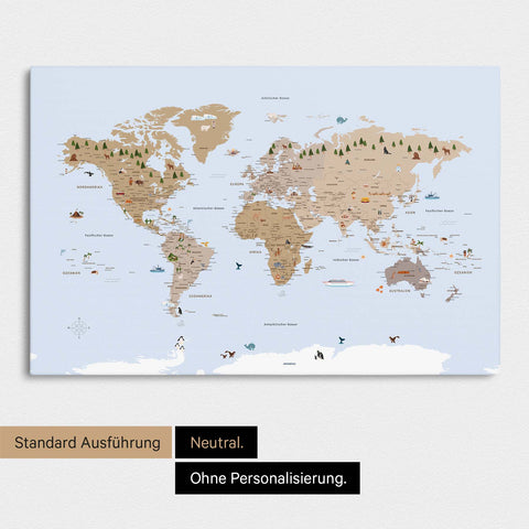 Neutrale und schlichte Ausführung einer Kinder-Weltkarte als Pinn-Leinwand in Multicolor Brown