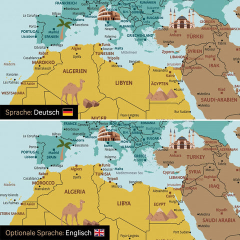 Vergleich einer Kinderweltkarte in den Sprachen Deutsch und Englisch als Pinn-Leinwand in Multicolor Classic