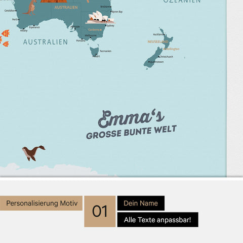 Kinder-Weltkarte mit hohem Detailgrad als Pinn-Leinwand in Multicolor Classic mit Personalisierung und Eindruck mit deinem Namen