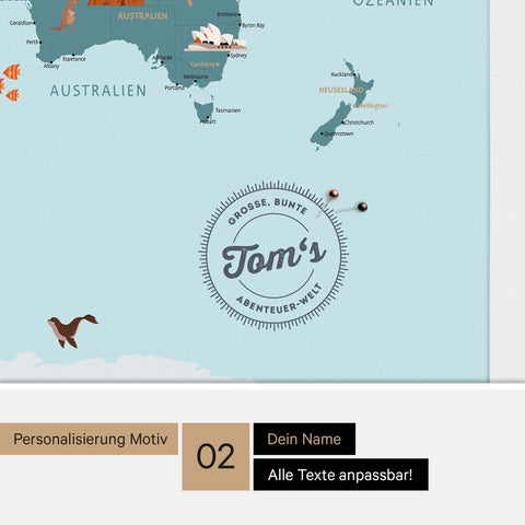 Personalisierte Kinder-Weltkarte als Leinwand in Multicolor Classic mit eingedruckten Namen eines Kindes