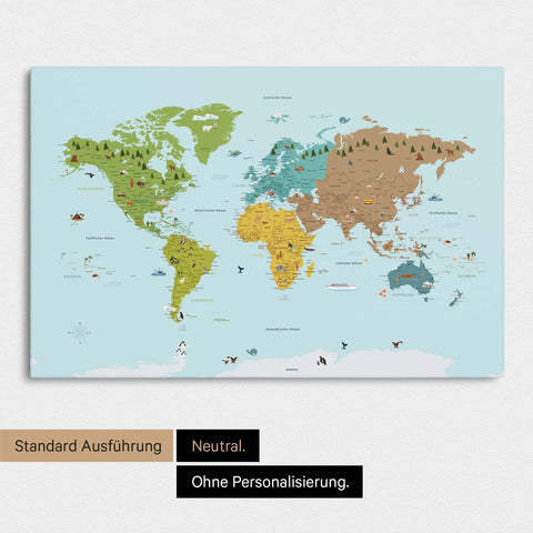Neutrale und schlichte Ausführung einer Kinder-Weltkarte als Pinn-Leinwand in Multicolor Classic