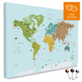 Bunte Kinder-Weltkarte in Multicolor Classic mit liebevollen Illustrationen und Bildern als Pinn-Leinwand mit zum Pinnen und Markieren kaufen
