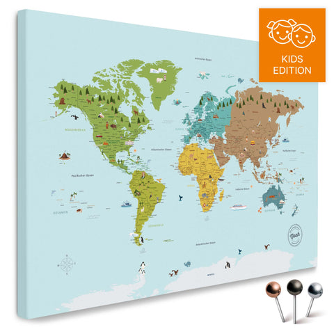 Bunte Kinder-Weltkarte in Multicolor Classic mit liebevollen Illustrationen und Bildern als Pinn-Leinwand mit zum Pinnen und Markieren kaufen