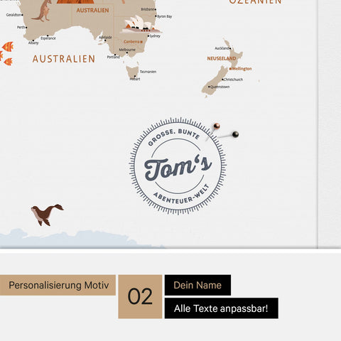 Personalisierte Kinder-Weltkarte als Leinwand in Multicolor White mit eingedruckten Namen eines Kindes