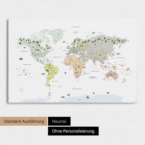 Neutrale und schlichte Ausführung einer Kinder-Weltkarte als Pinn-Leinwand in Multicolor White