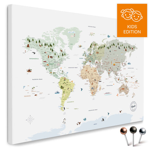Ausschnitt einer Kinder-Weltkarte als Pinn-Leinwand in Multicolor White zeigt Pins von Reisezielen in Amerika mit Illustrationen von Indianern und Tieren