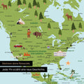 Ausschnitt einer Kinder-Weltkarte als Poster in Multicolor Classic zeigt Pins von Reisezielen in Amerika mit Illustrationen von Indianern und Tieren