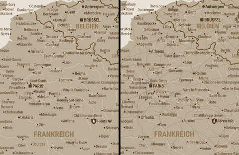 Vergleich einer Breuer's Weuropa-Karte als Pinn-Leinwand mit und ohne Straßennetz