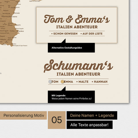 Magnetische Italien-Karte mit Personalisierung als Logo mit Familiennamen