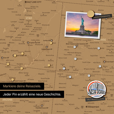 Pinnen von Reisezielen auf einer magnetischen USA-Karte als Magnetposter