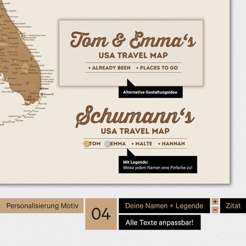 Magnetische USA-Karte mit Personalisierung als Logo mit Familiennamen