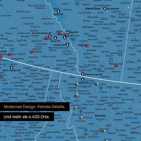 Ausschnitt einer Nordamerika Landkarte als Pinn-Leinwand in Blau zeigt Reiseziele und Highlights in Kanada und USA