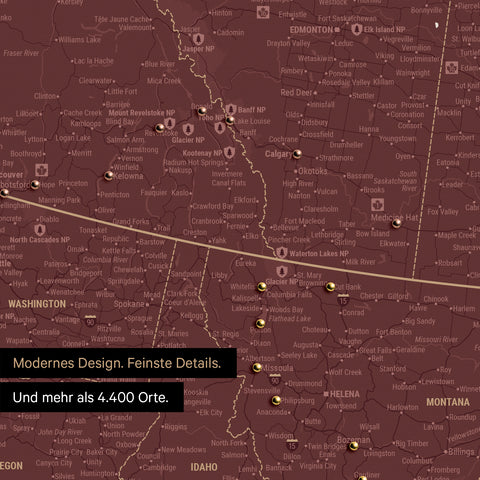 Ausschnitt einer Nordamerika Landkarte als Pinn-Leinwand in Bordeaux Rot zeigt Reiseziele und Highlights in Kanada und USA