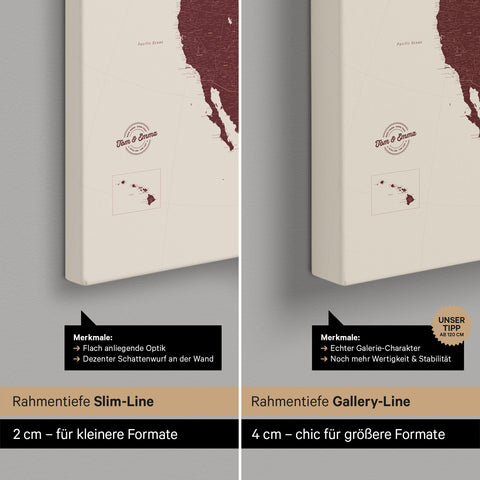 Noord-Amerika-kaart TRAVEL® Canvas Prikbord – Bordeaux Rood