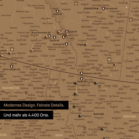 Ausschnitt einer Nordamerika Landkarte als Pinn-Leinwand in Bronze zeigt Reiseziele und Highlights in Kanada und USA