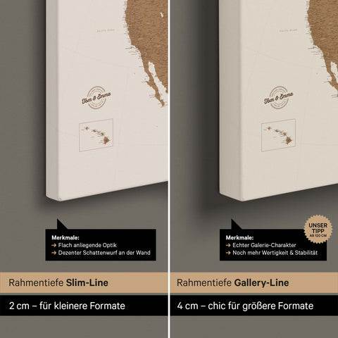 Noord-Amerika-kaart TRAVEL® Canvas Prikbord – Brons