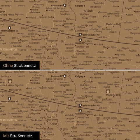 Nordamerika Karte Pinn-Leinwand in Bronze optional mit dem Straßennetz der größten Highways und Interstates