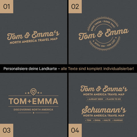 Nordamerika Landkarte mit hohem Detailgrad als Pinnwand Leinwand in Dunkelgrau mit Personalisierung und Eindruck mit deinem Namen