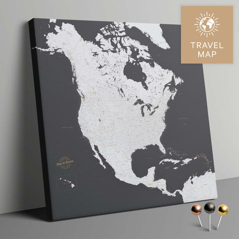 Nordamerika Landkarte in Dunkelgrau mit sehr hohem Detailgrad als Pinnwand Leinwand zum Pinnen und Markieren von Reisezielen kaufen