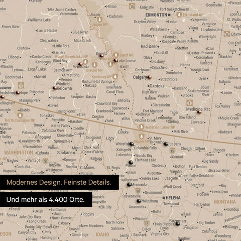 Ausschnitt einer Nordamerika Landkarte als Pinn-Leinwand in Gold zeigt Reiseziele und Highlights in Kanada und USA