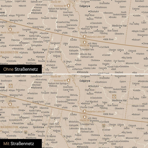 Nordamerika Karte Pinn-Leinwand in Gold optional mit dem Straßennetz der größten Highways und Interstates