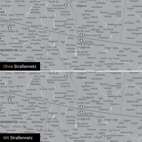 Nordamerika Karte Pinn-Leinwand in Hellgrau optional mit dem Straßennetz der größten Highways und Interstates