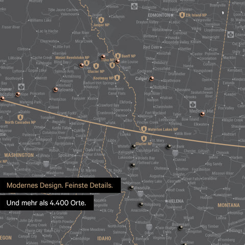 Ausschnitt einer Nordamerika Landkarte als Pinn-Leinwand in Light Gray zeigt Reiseziele und Highlights in Kanada und USA