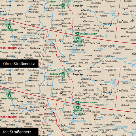 Nordamerika Karte Pinn-Leinwand in Multicolor Classic optional mit dem Straßennetz der größten Highways und Interstates