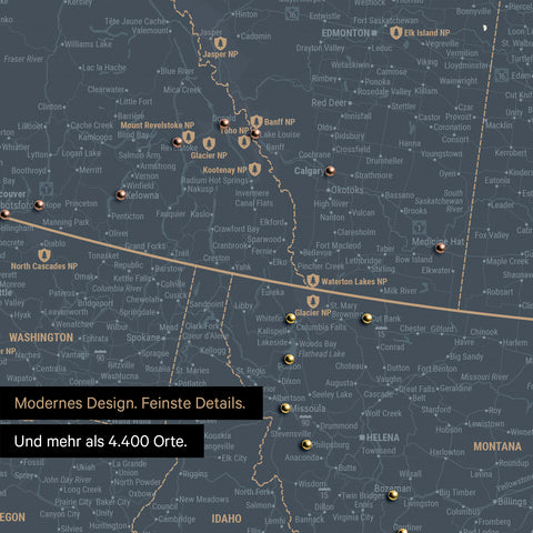 Ausschnitt einer Nordamerika Landkarte als Pinn-Leinwand in Navy Light zeigt Reiseziele und Highlights in Kanada und USA