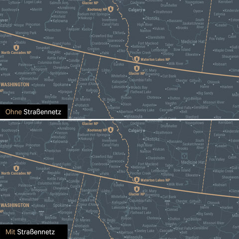Nordamerika Karte Pinn-Leinwand in Navy Light optional mit dem Straßennetz der größten Highways und Interstates
