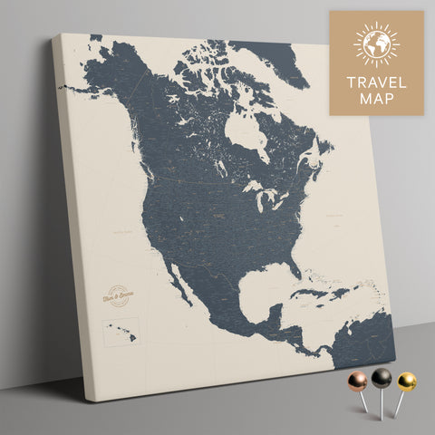 Nordamerika Landkarte in Navy Light mit sehr hohem Detailgrad als Pinnwand Leinwand zum Pinnen und Markieren von Reisezielen kaufen